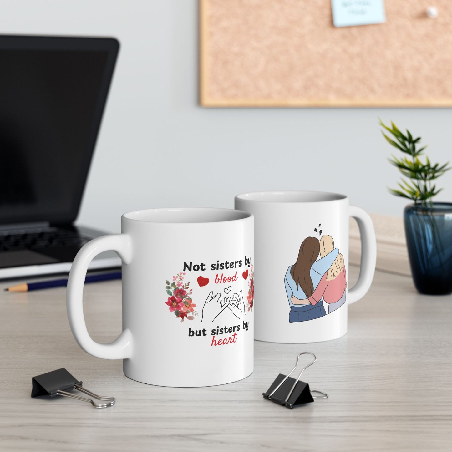 Sisters By Heart Mug, Whimsical Floral Ceramic Mug