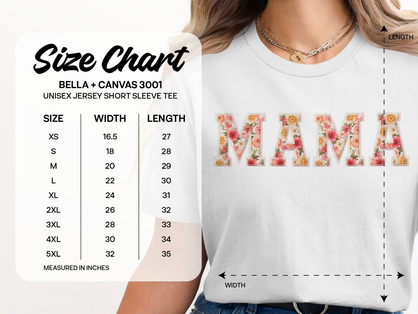 Size chart for MAMA graphic tee, showing width and length measurements.