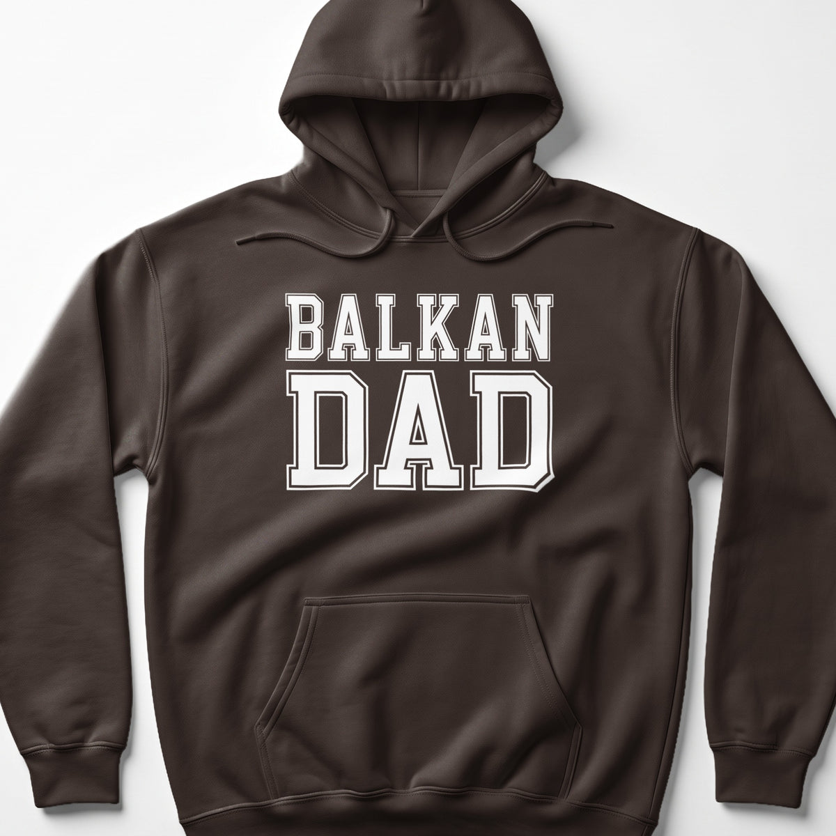 Brown hoodie with white text that says "BALKAN DAD" across the chest.