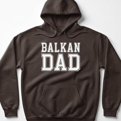 Brown hoodie with white text that says "BALKAN DAD" across the chest.