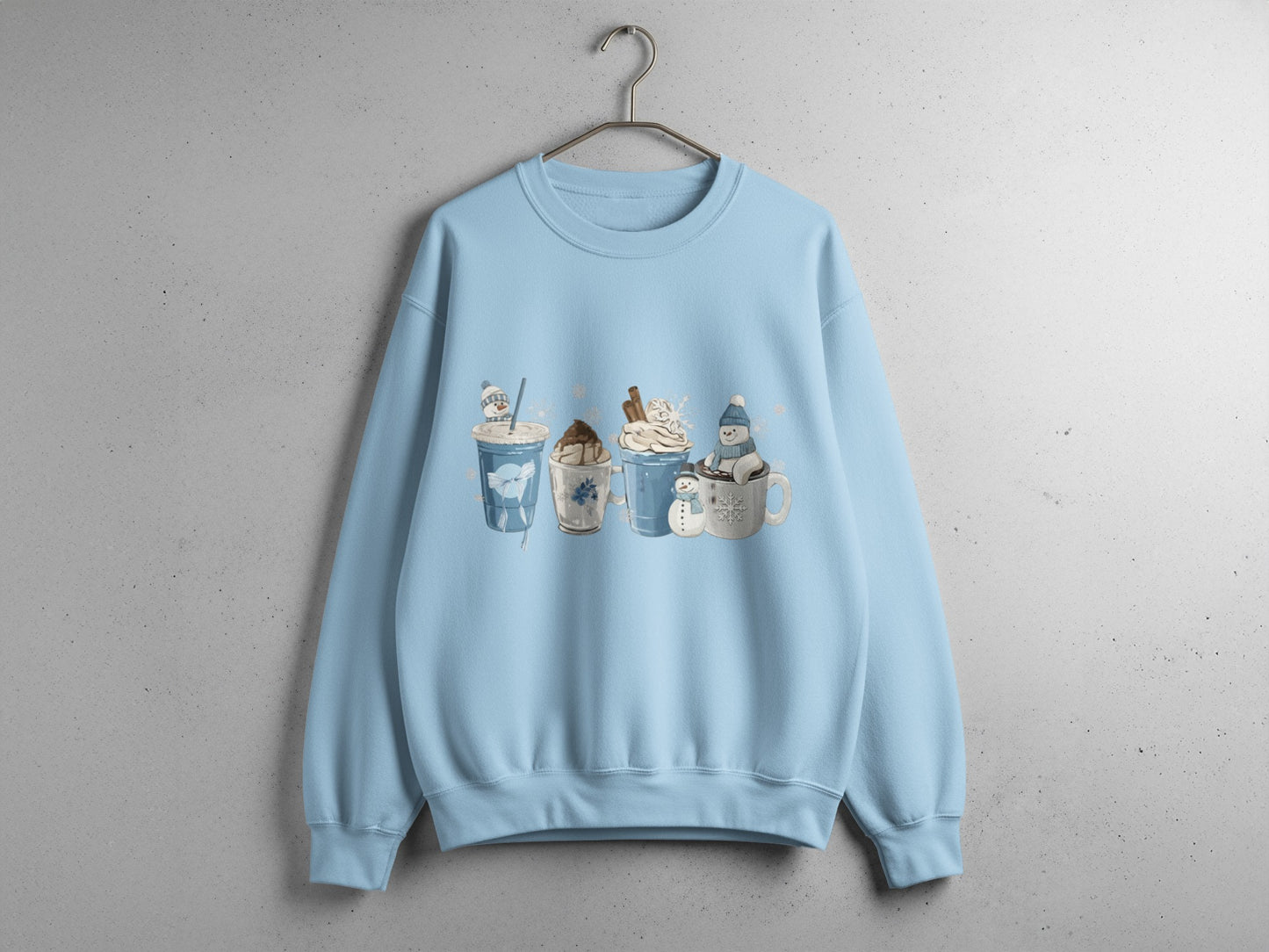 Casual Blue Sweatshirt with Cute Hot Drink Illustrations