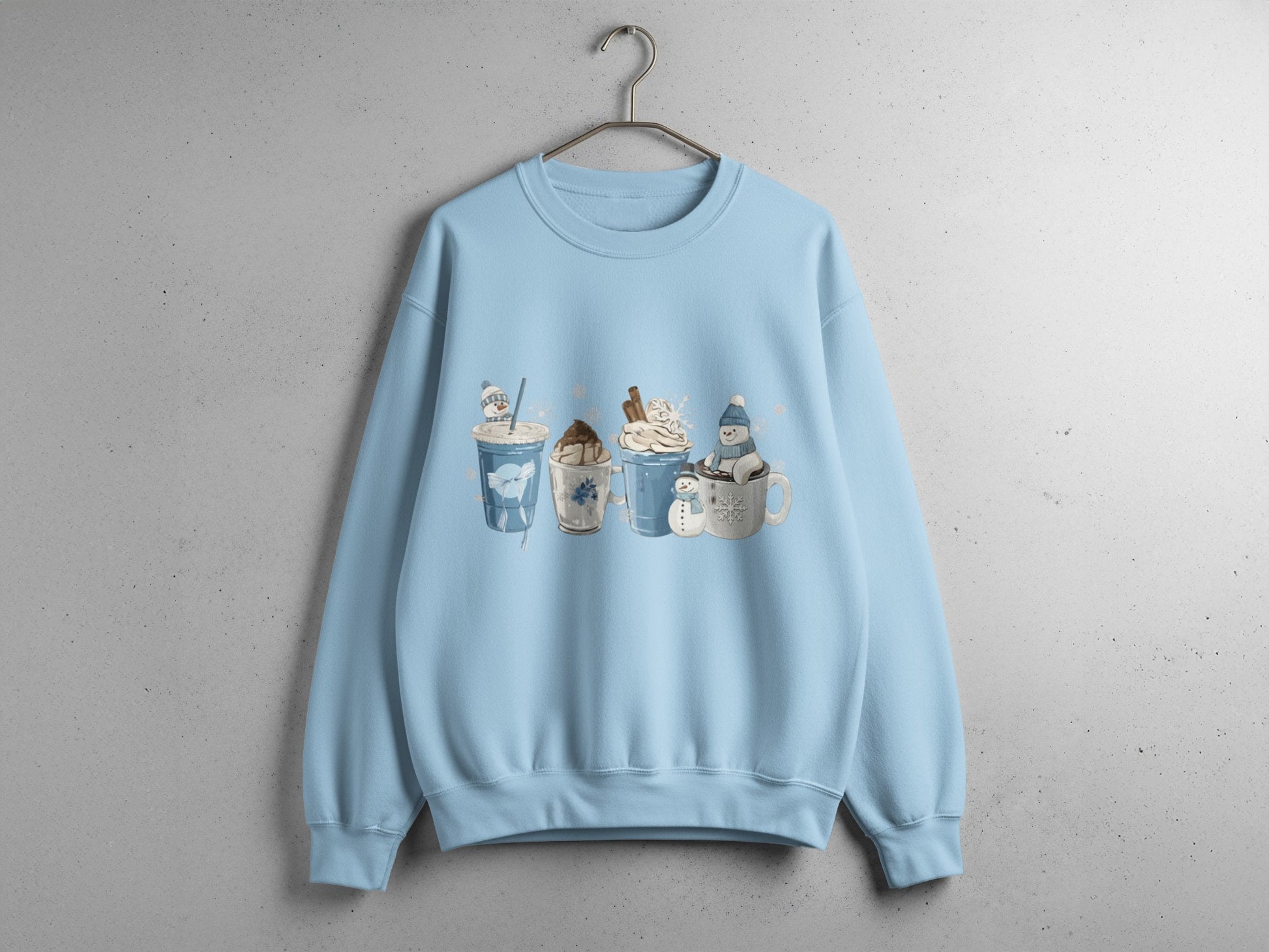 Casual Blue Sweatshirt with Cute Hot Drink Illustrations