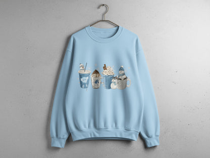 Casual Blue Sweatshirt with Cute Hot Drink Illustrations