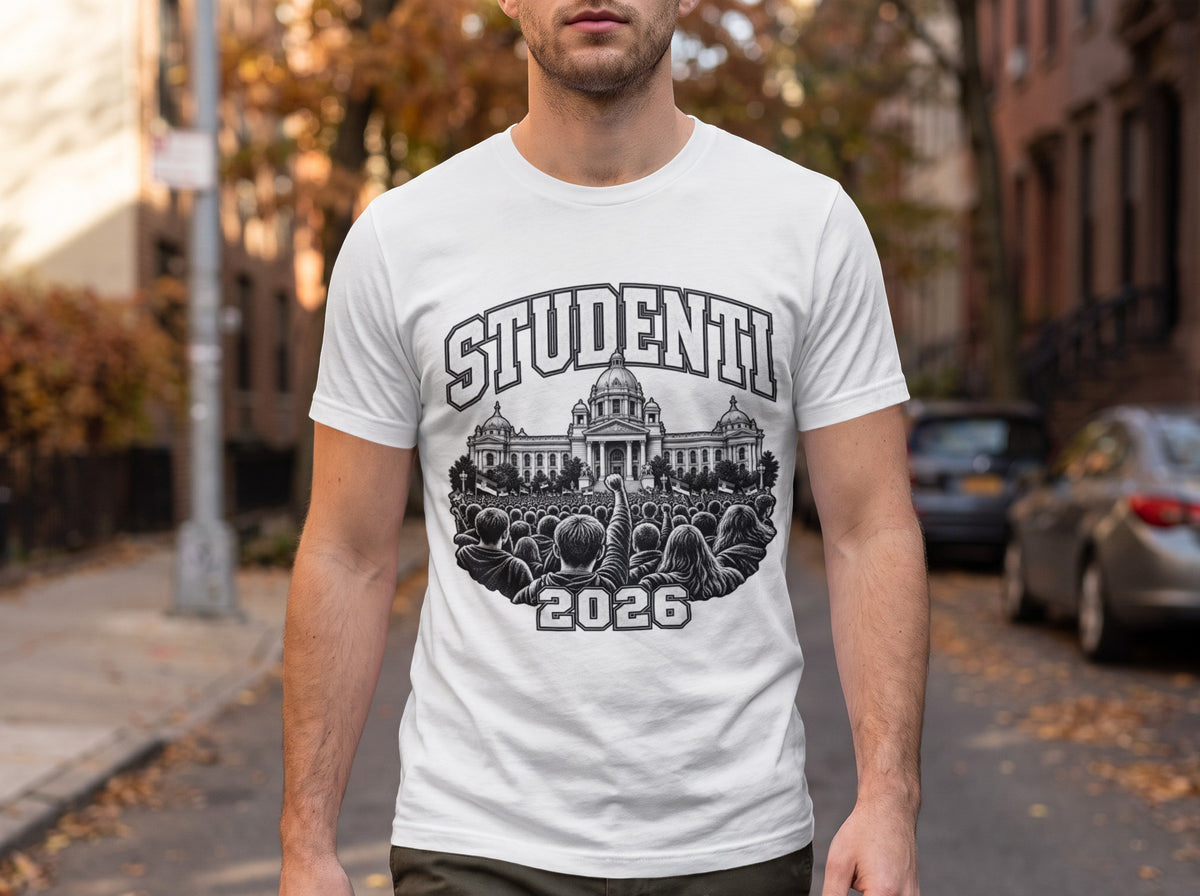 A man wears a white crewneck t-shirt featuring a black graphic of a crowd protesting outside a building, with the text "STUDENTI 2026".