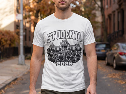 A man wears a white crewneck t-shirt featuring a black graphic of a crowd protesting outside a building, with the text "STUDENTI 2026".