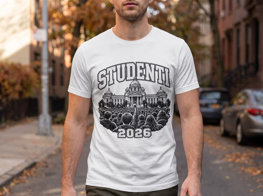 A man wears a white crewneck t-shirt featuring a black graphic of a crowd protesting outside a building, with the text "STUDENTI 2026".