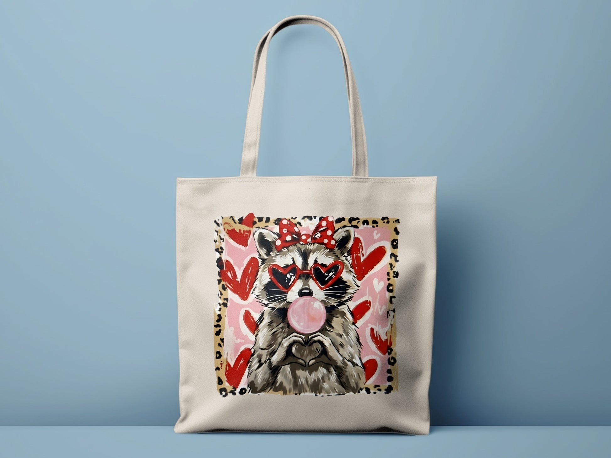 Cute Raccoon Blowing Bubble Gum Hearts Tote Bag