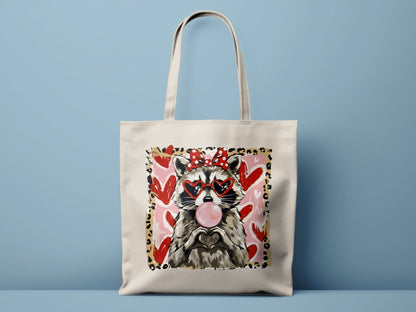 Cute Raccoon Blowing Bubble Gum Hearts Tote Bag