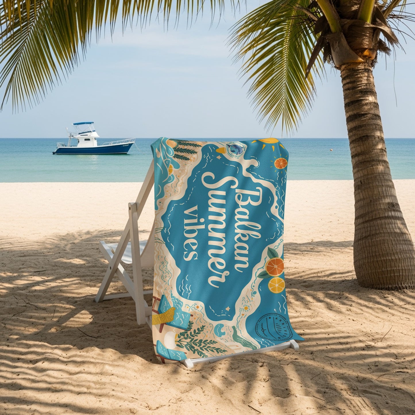 Towel with "Balkan summer vibes" text and illustrations on a beach chair.