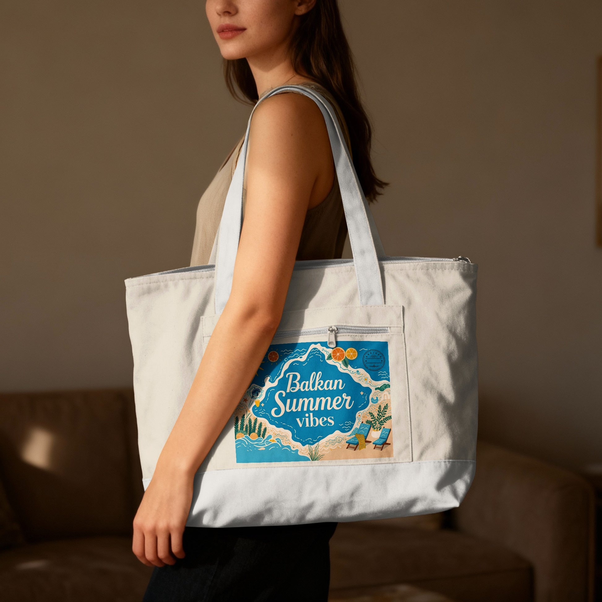 White canvas tote bag with "Balkan Summer Vibes" graphic and beach scene.