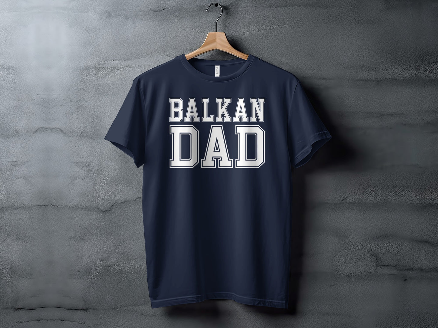 Navy blue t-shirt with "BALKAN DAD" in white block letters.