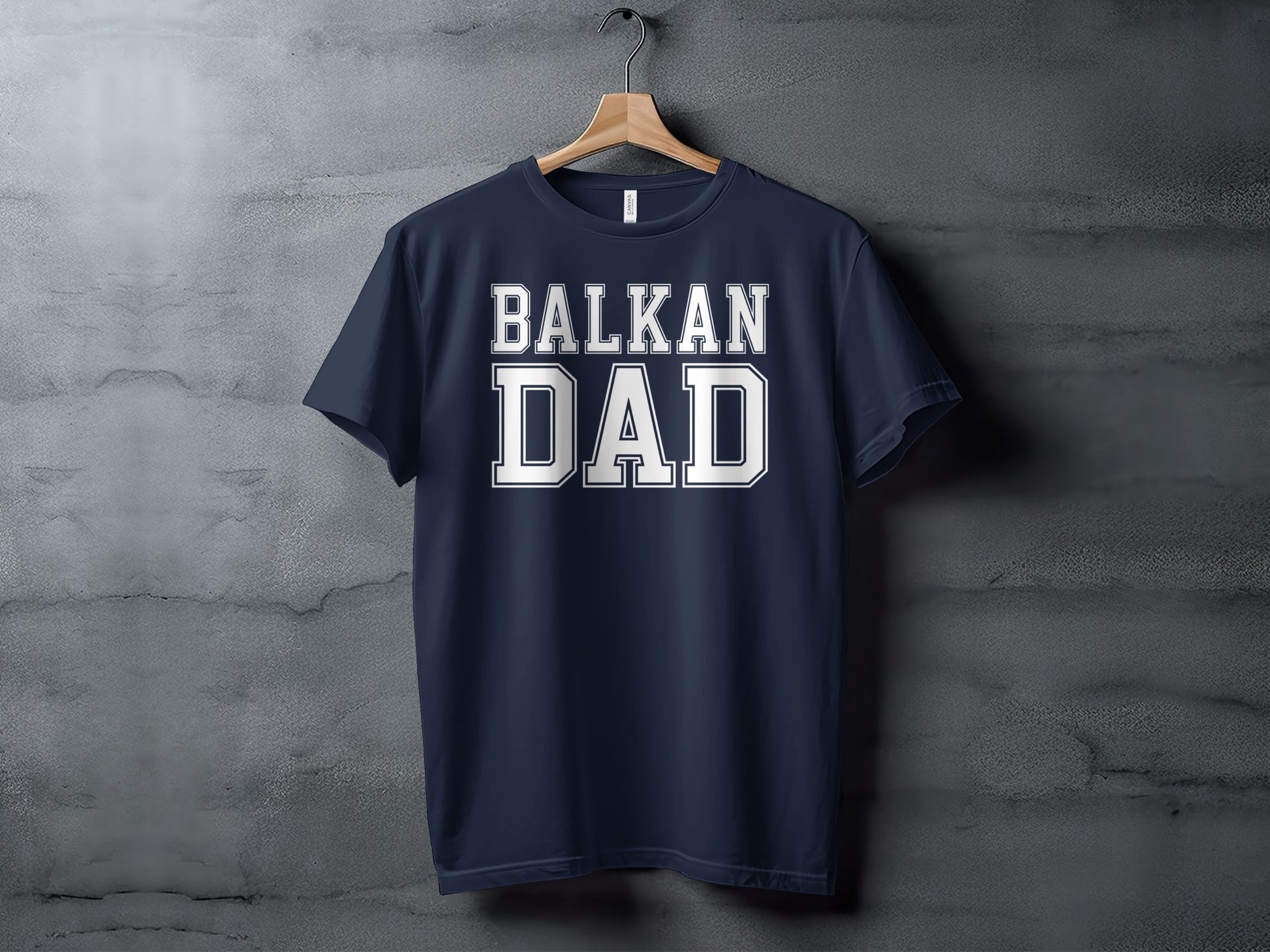 Navy blue t-shirt with "BALKAN DAD" in white block letters.