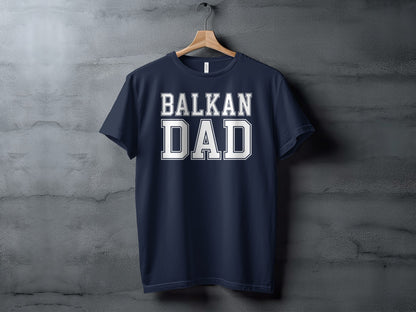 Navy blue t-shirt with "BALKAN DAD" in white block letters.