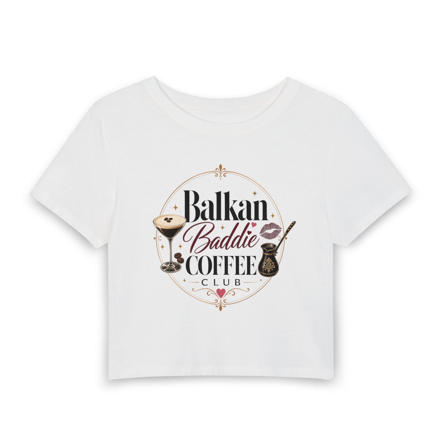 White t-shirt with "Balkan Baddie Coffee Club" text and coffee-themed graphics.