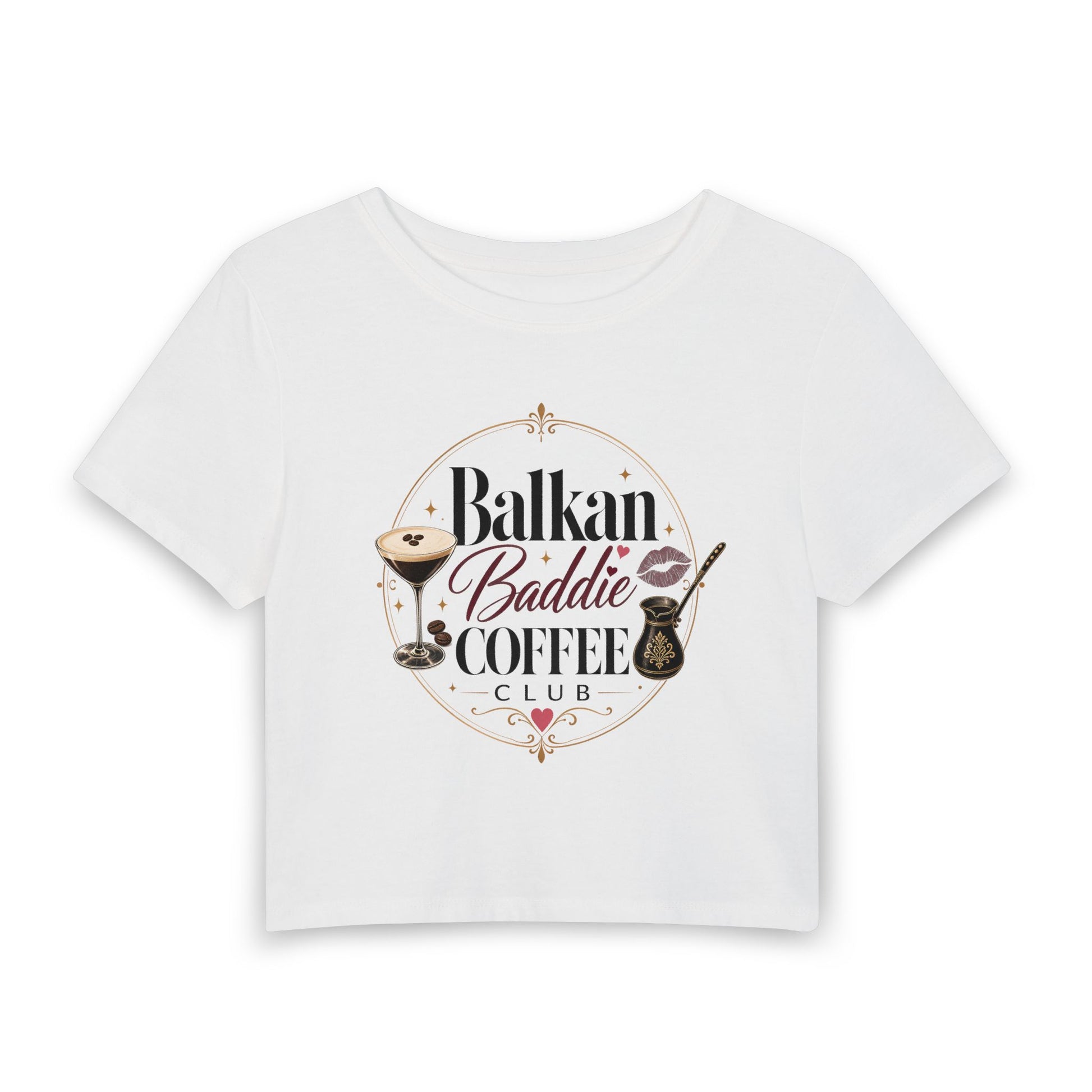 White t-shirt with "Balkan Baddie Coffee Club" text and coffee-themed graphics.
