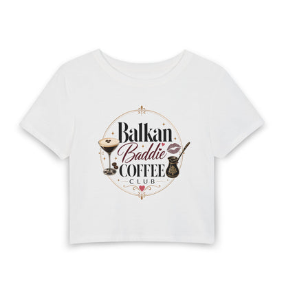 White t-shirt with "Balkan Baddie Coffee Club" text and coffee-themed graphics.