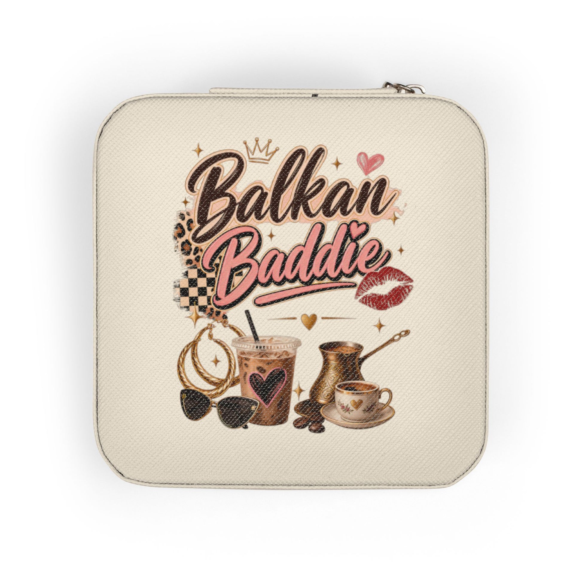 Cream jewelry box with "Balkan Baddie" text and coffee cup illustration.