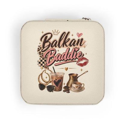 Cream jewelry box with "Balkan Baddie" text and coffee cup illustration.