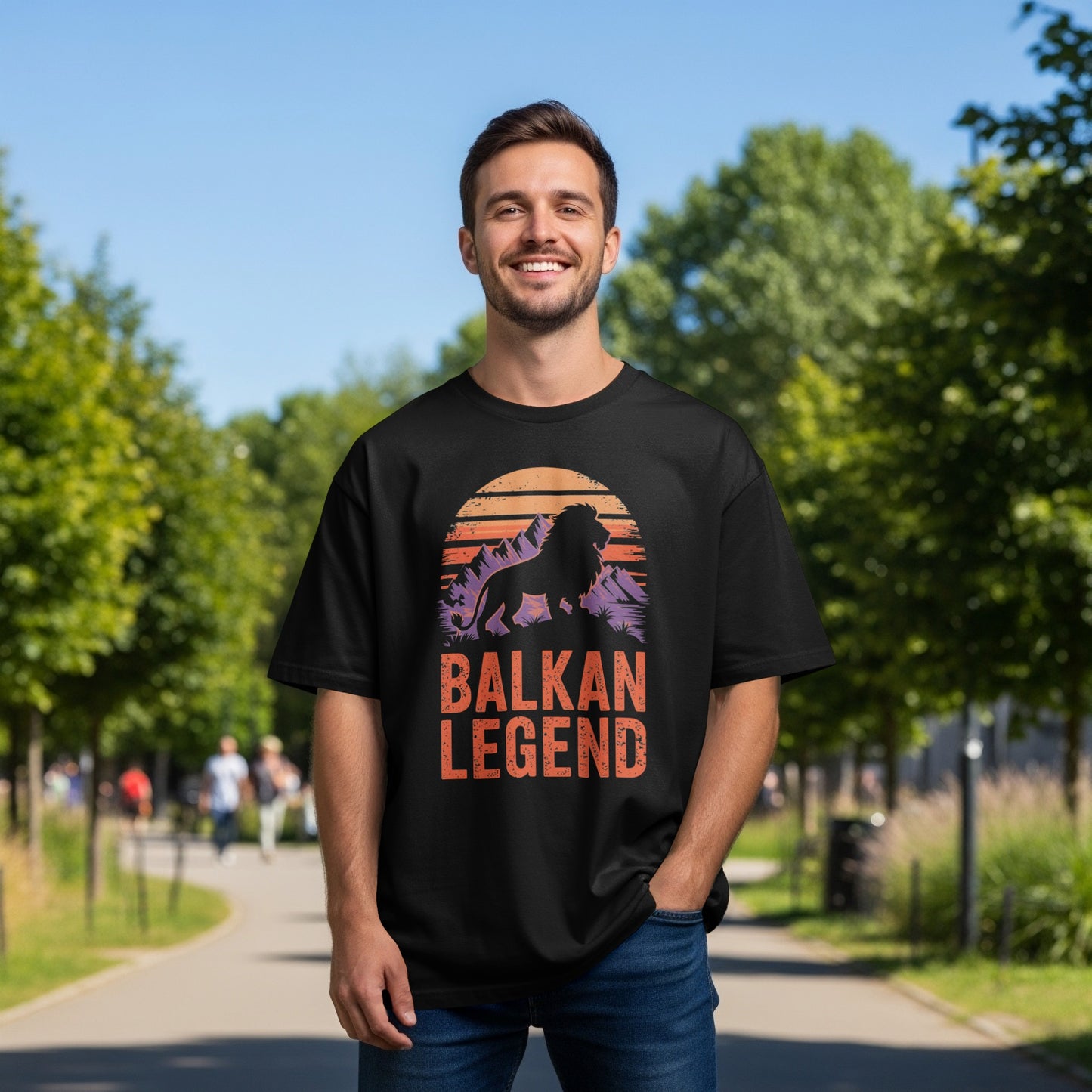 Black t-shirt with "Balkan Legend" text and a lion silhouette.