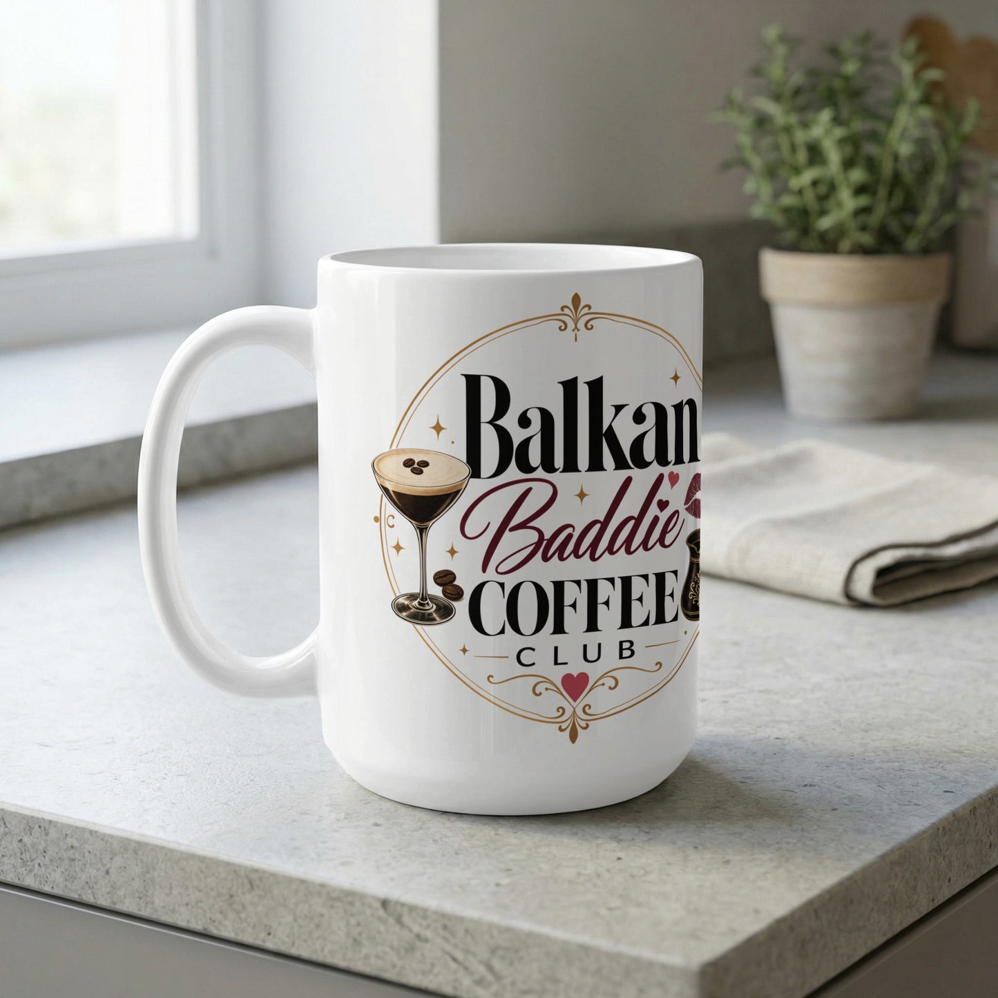 White mug with "Balkan Baddie Coffee Club" text and martini glass graphic.