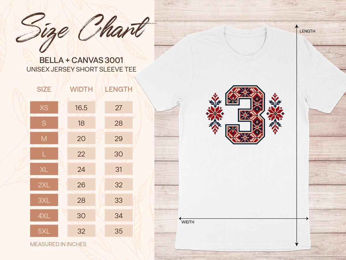 Bella Canvas 3001 unisex jersey short sleeve tee size chart and white t-shirt with number three folk art graphic.