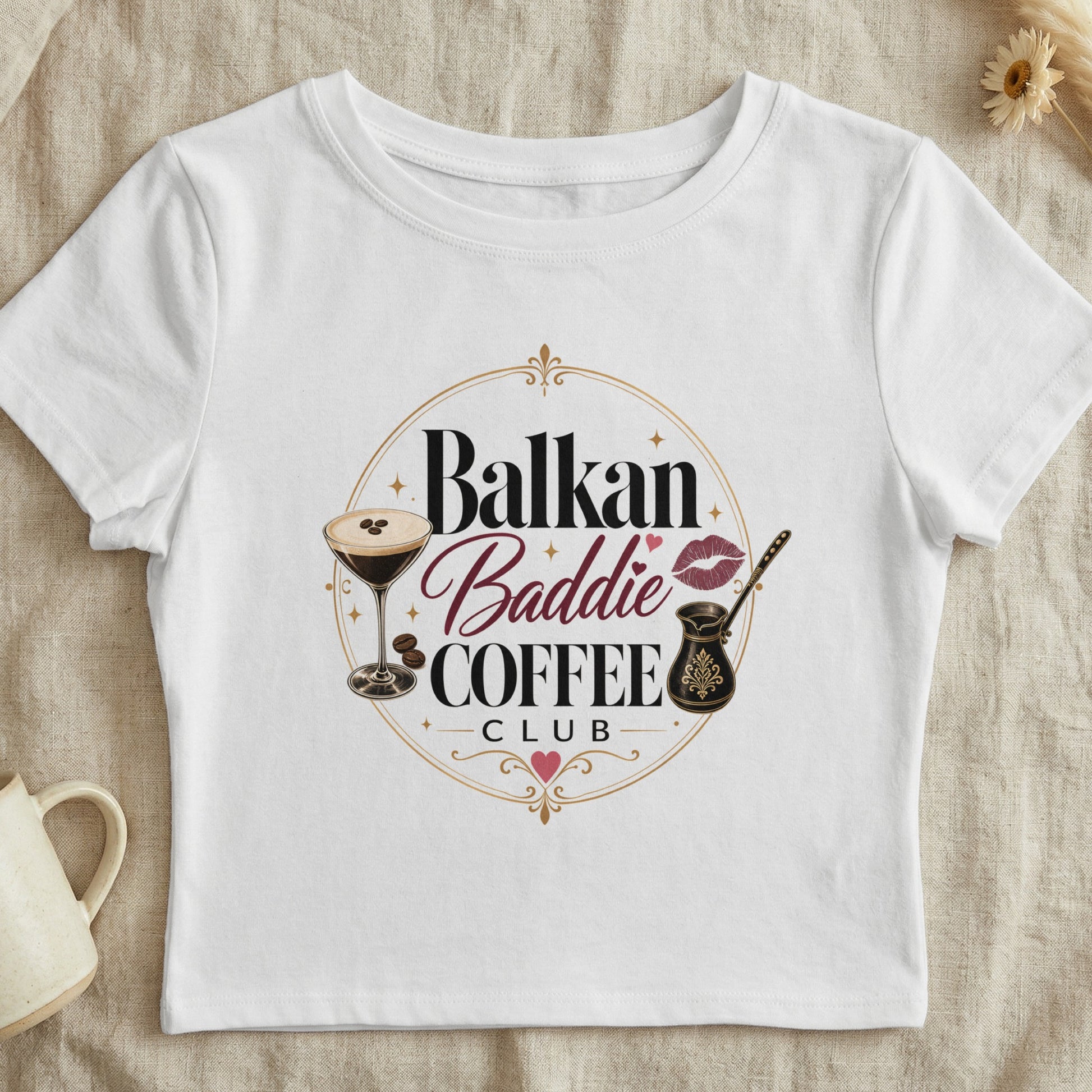 White crop top with "Balkan Baddie Coffee Club" graphic and coffee motifs.