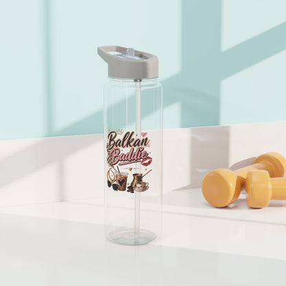 Clear water bottle with "Balkan Baddie" design, featuring coffee and lips.