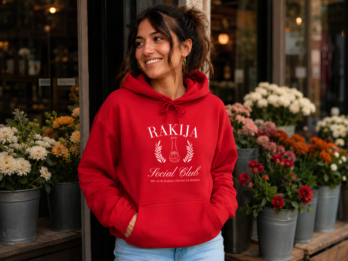 Man modeling a black Balkan Rakija graphic T-shirt