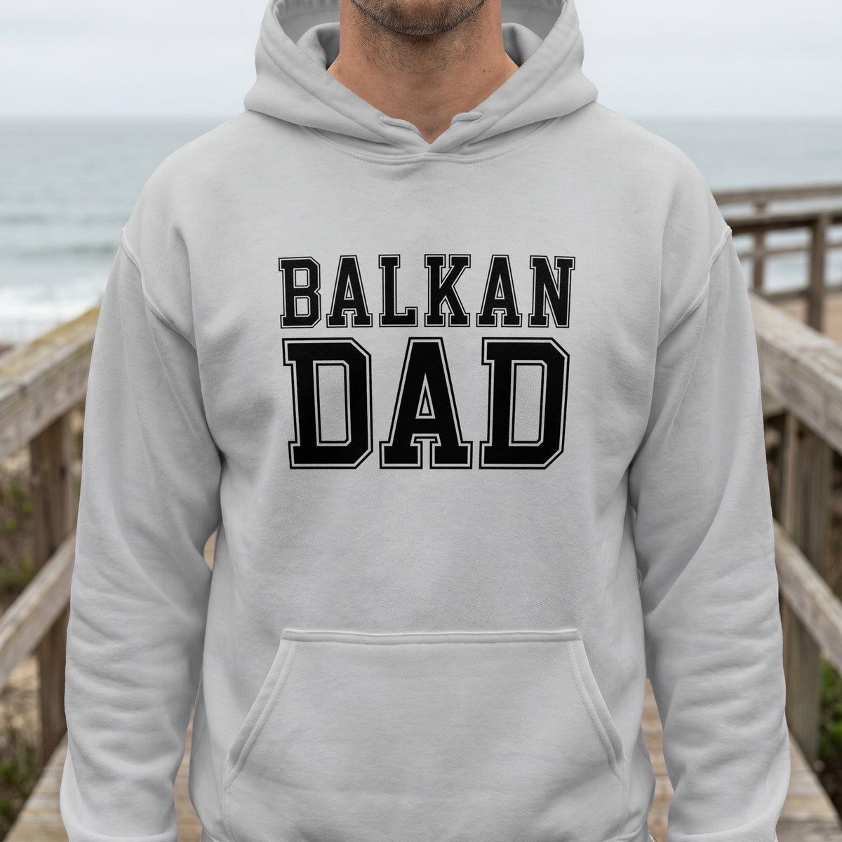 Light gray hoodie with black text reading "BALKAN DAD" on the chest.