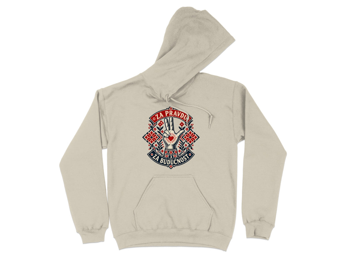 Beige hooded sweatshirt featuring a front graphic with a three-finger hand gesture and text.