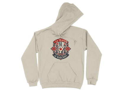 Beige hooded sweatshirt featuring a front graphic with a three-finger hand gesture and text.