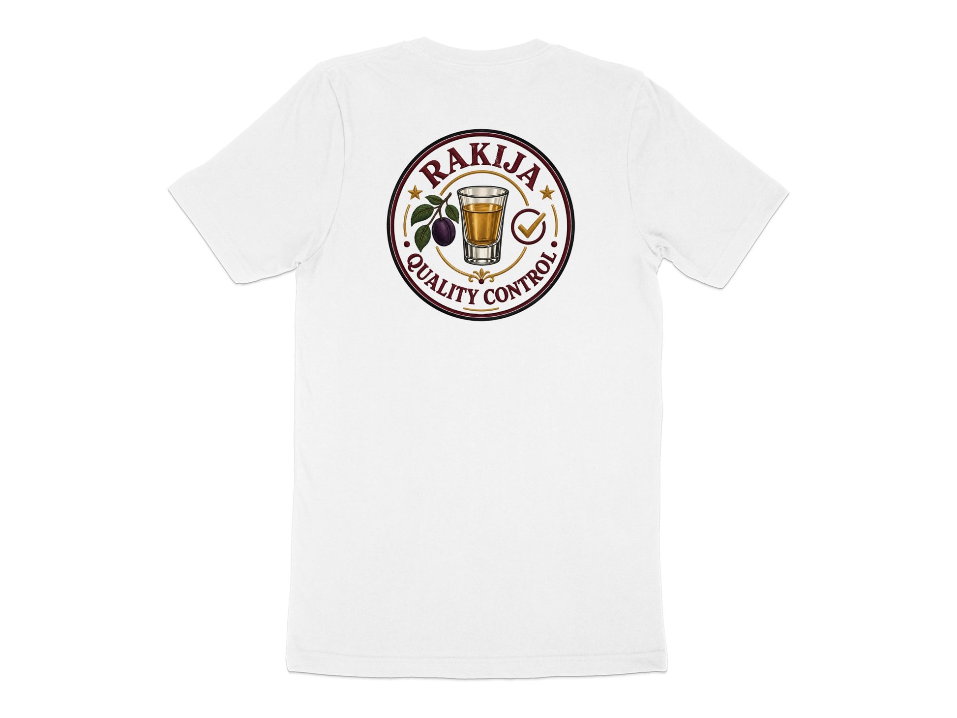 White t-shirt with "Rakija Quality Control" logo on back featuring a shot glass.
