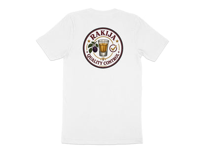White t-shirt with "Rakija Quality Control" logo on back featuring a shot glass.