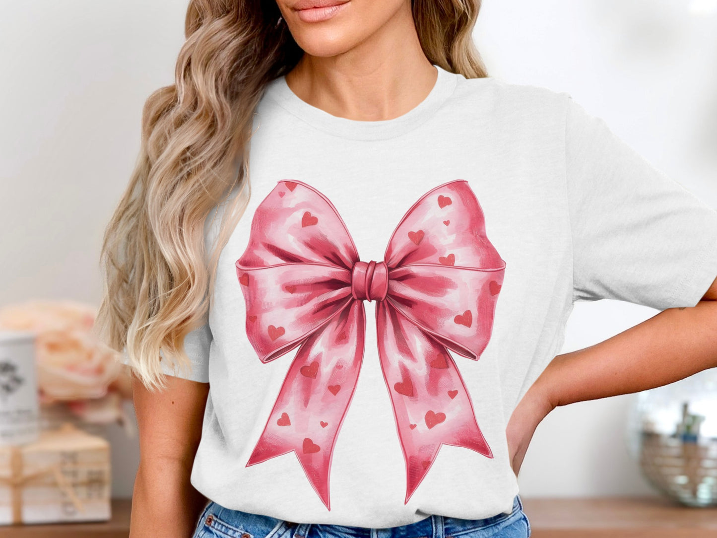 White Tee with Pink Heart Bow Graphic Design Shirt