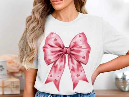 White Tee with Pink Heart Bow Graphic Design Shirt