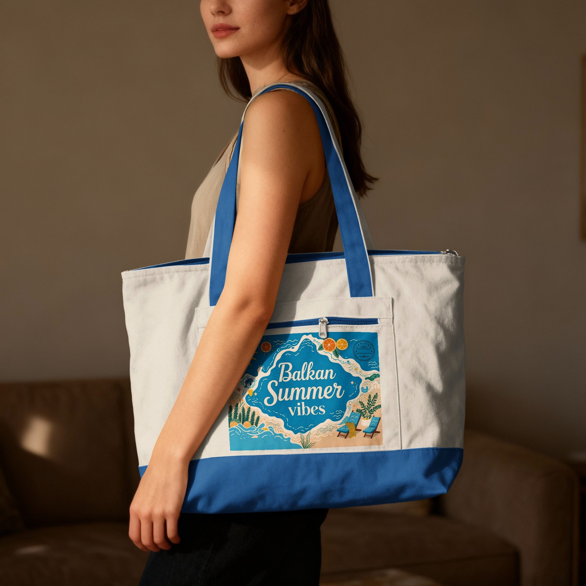 White canvas tote bag with blue trim, featuring "Balkan Summer vibes" graphic.