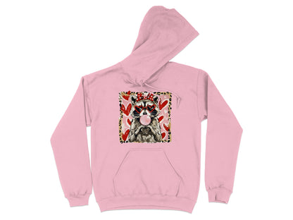 Cute Raccoon Blowing Bubble Gum Hoodie with Hearts Design