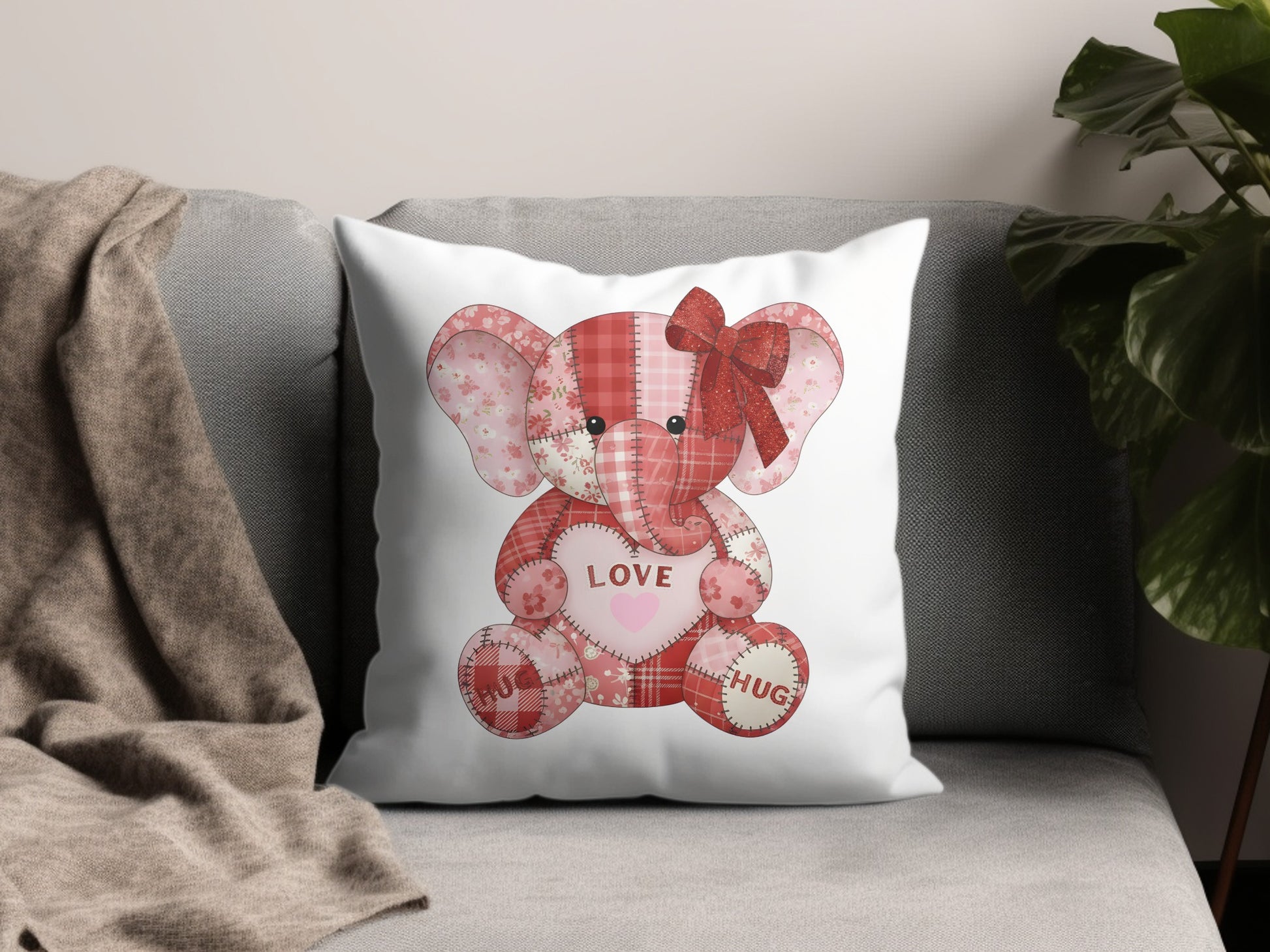 Patchwork Elephant Decorative Pillow With Love Hug Pattern