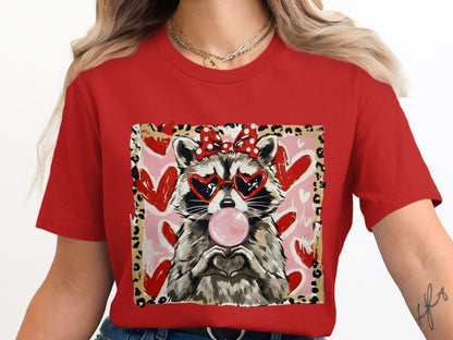 Red T-Shirt with Cute Raccoon and Hearts Design