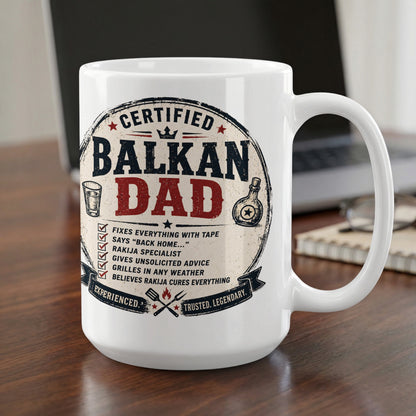 Mug with "Certified Balkan Dad" text and humorous bullet points.