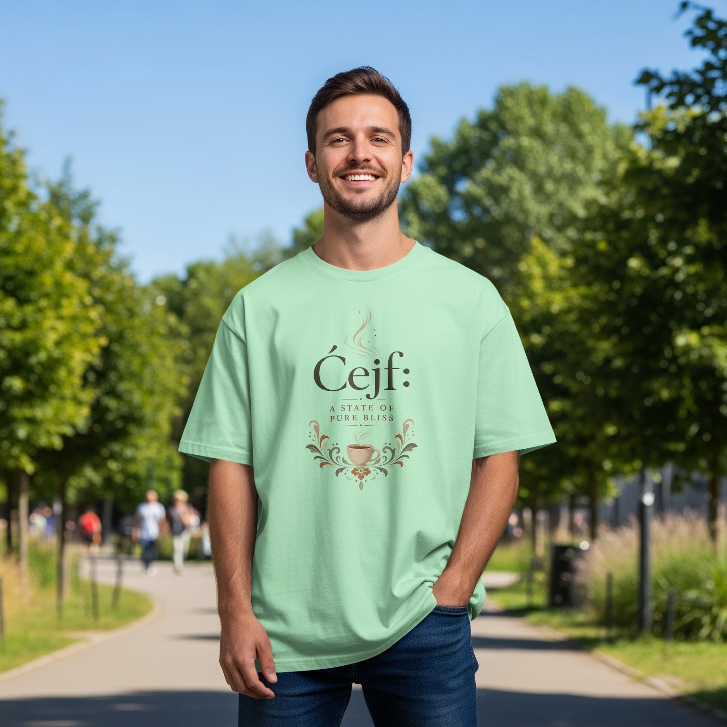 Séijf: A State of Pure Bliss text on a light green t-shirt.