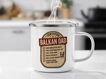 Enamel mug with "Certified Balkan Dad" humor list, featuring Rakija.