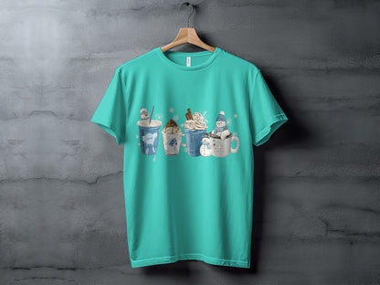 Festive Hot Chocolate and Snowman Scene T-shirt