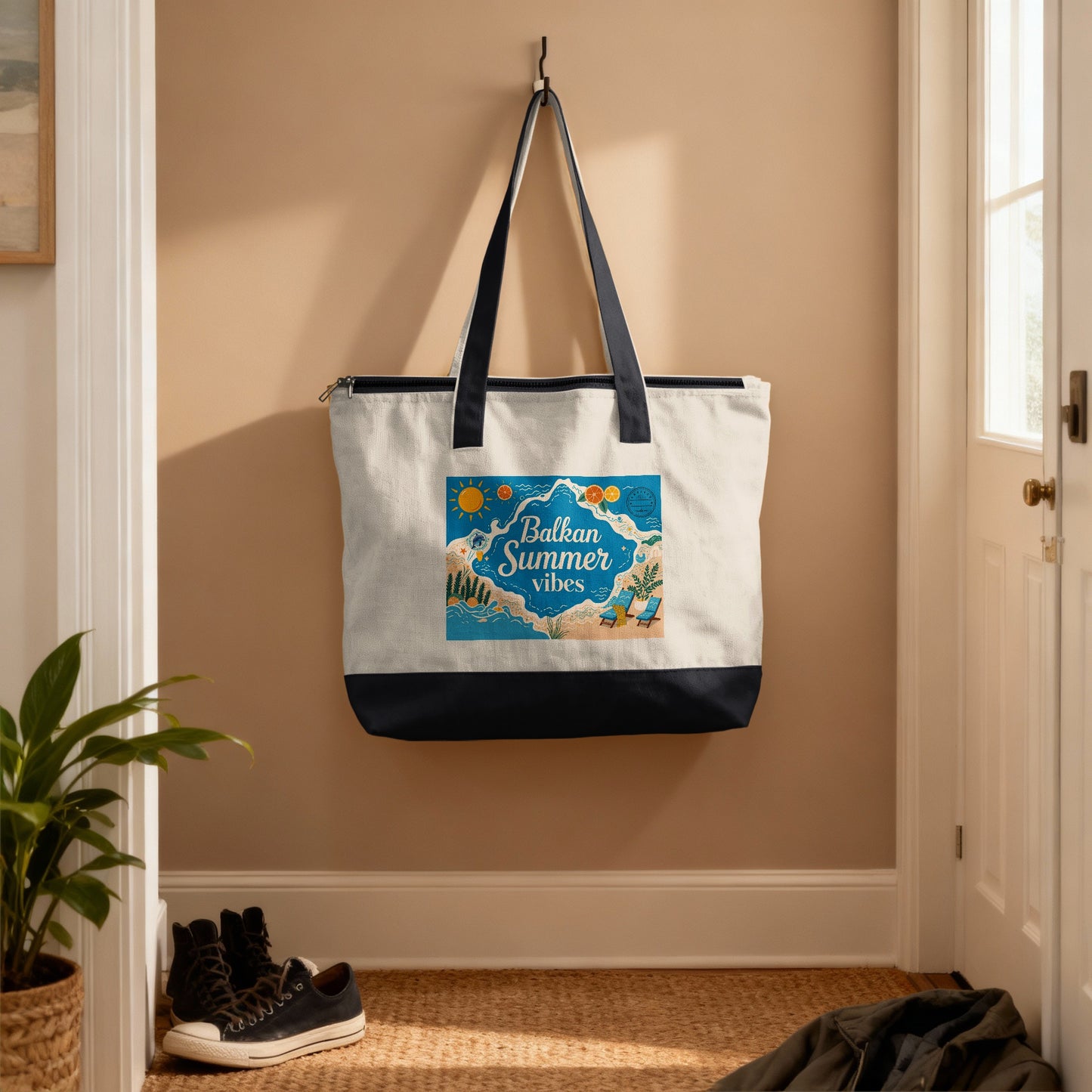 Canvas tote bag with "Balkan Summer Vibes" graphic depicting a beach scene.