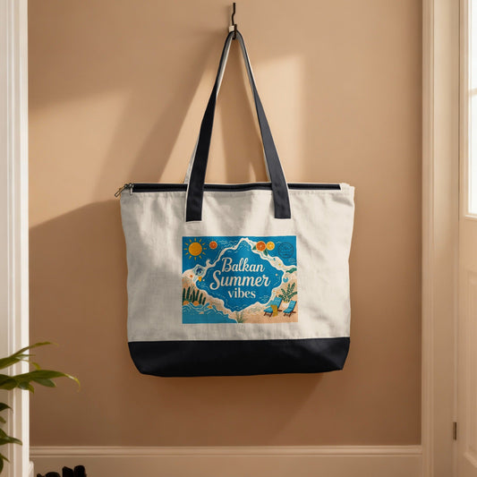 Canvas tote bag with "Balkan Summer Vibes" graphic depicting a beach scene.