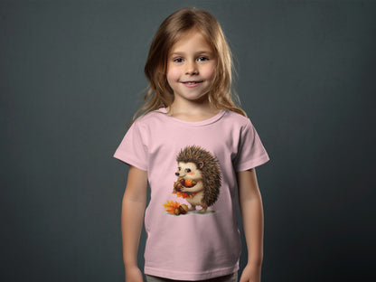 Adorable Hedgehog and Leaves Pink Kids T-Shirt product