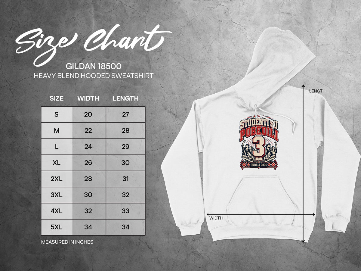 Gildan 18500 heavy blend hooded sweatshirt size chart with dimensions ranging from S to 5XL.