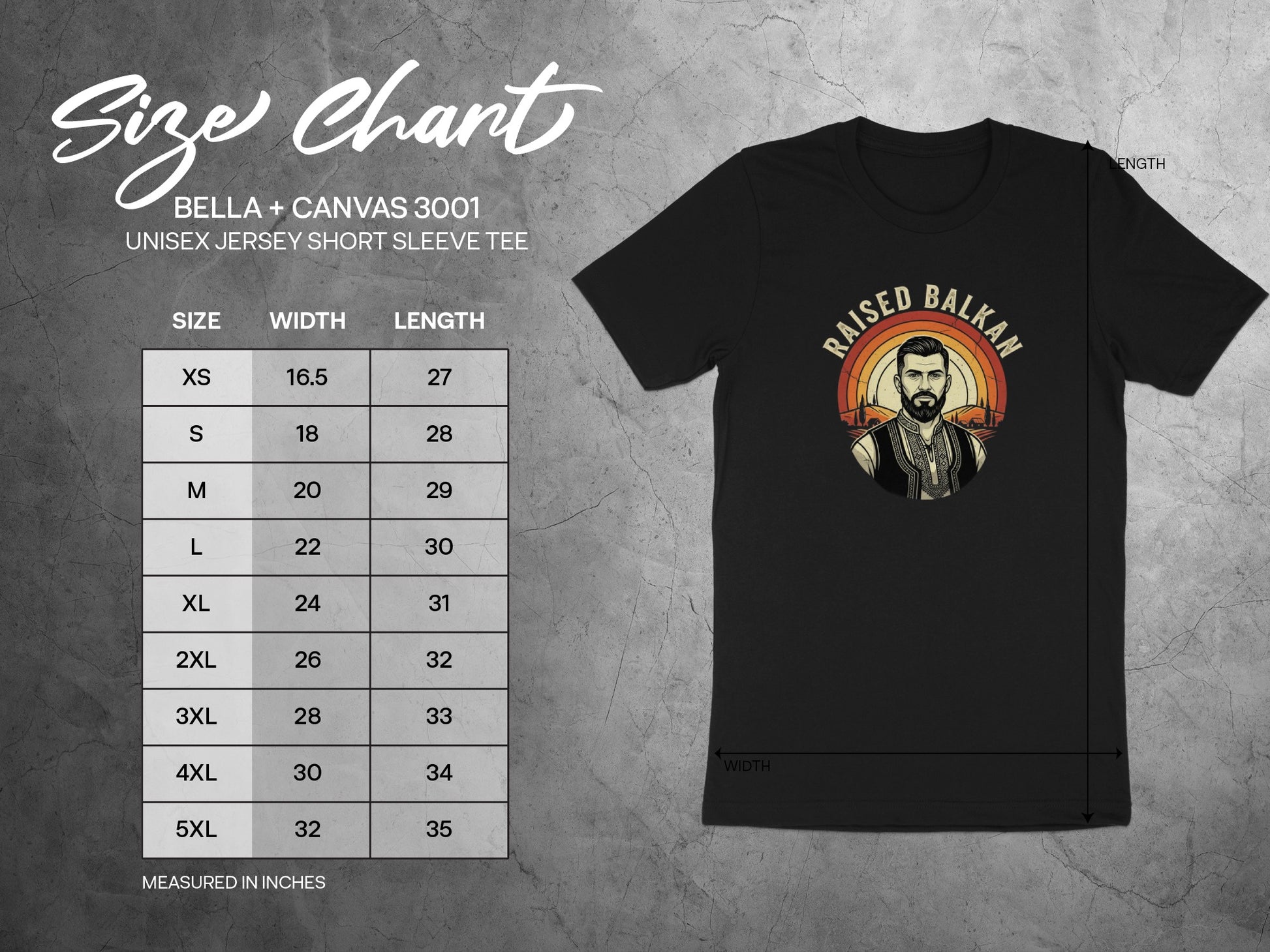 Bella + Canvas 3001 unisex jersey tee size chart with width and length measurements.