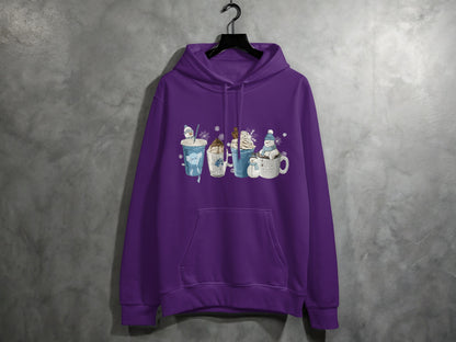 Cute Winter Drink Characters Print Purple Hoodie