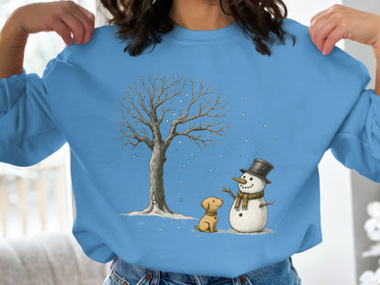 Dog and Snowman in Winter Graphic Sweatshirt